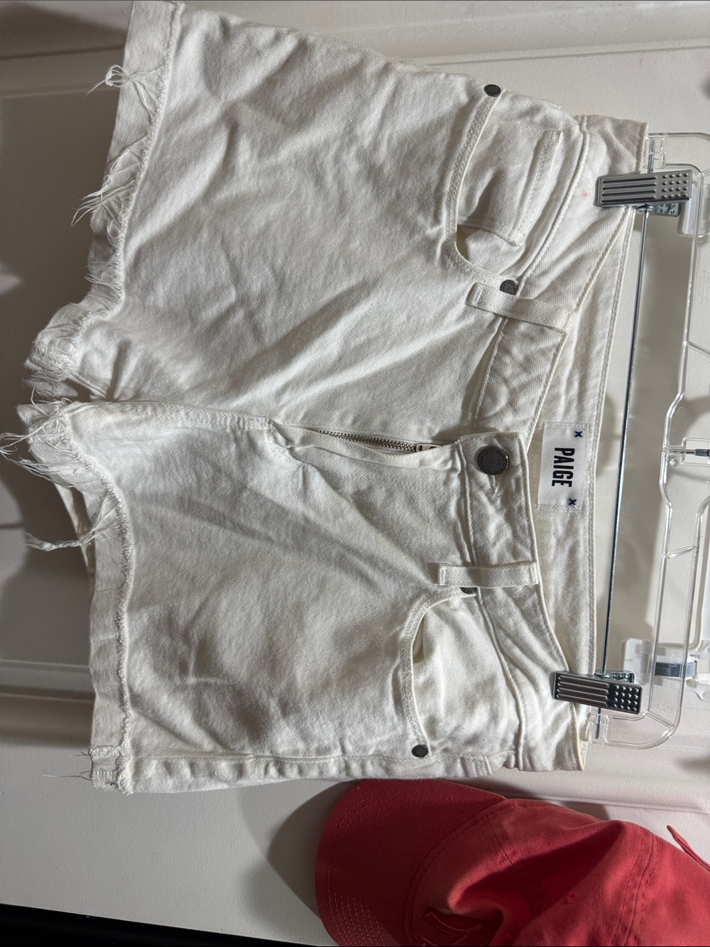 PAIGE Ivory Frayed Hem Denim Shorts